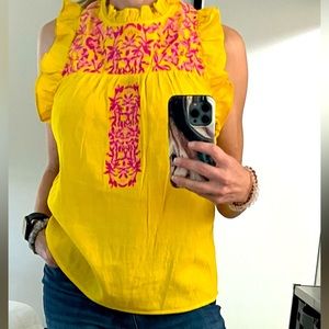 Yellow and Pink Embroidered Flutter Sleeve Top NWOT Size S